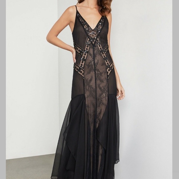 bcbg scrolling lace gown